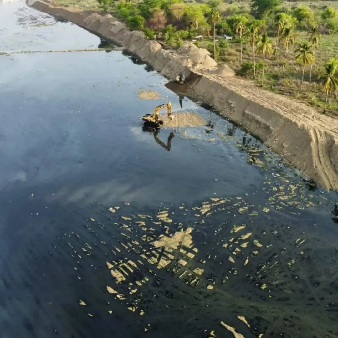 Excavadora realizando movimiento de material en zona con agua